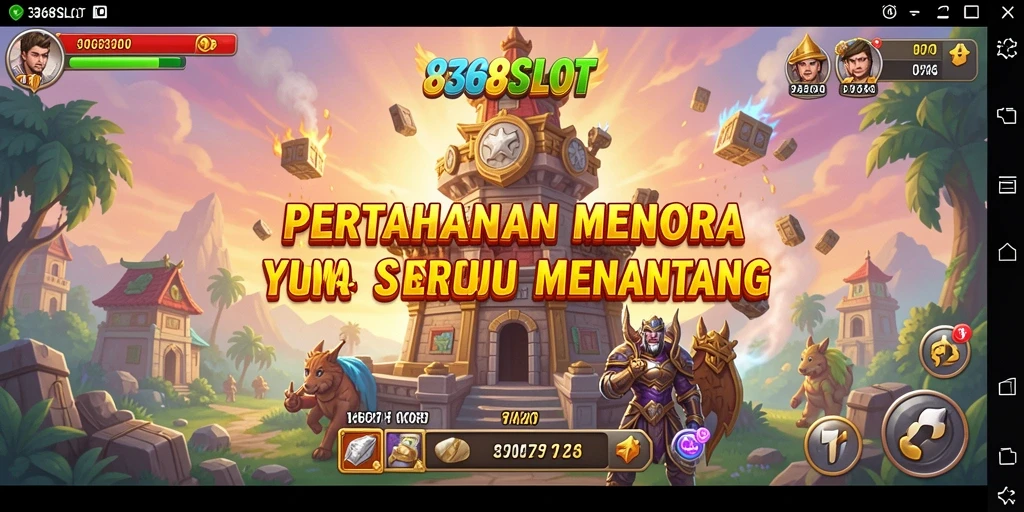 Tangkapan layar utama 8368SLOT menampilkan pertahanan menara yang epik melawan gelombang musuh.