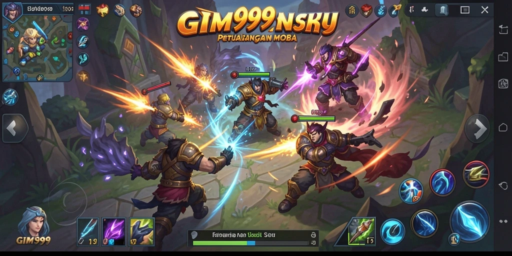 Tampilan seru pertarungan dalam GIM999 dengan berbagai hero bertarung.