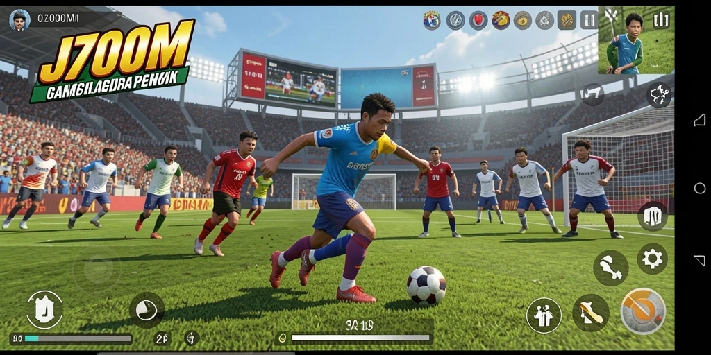 Screenshot utama J200M menampilkan serunya pertandingan olahraga dengan pemain aktif.