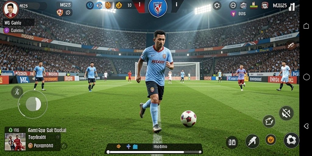 Screenshot gameplay MG525 menampilkan aksi seru di lapangan sepak bola.