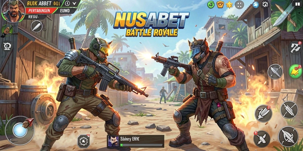 Gameplay intens dalam NUSABET dengan aksi pertempuran Battle Royale.