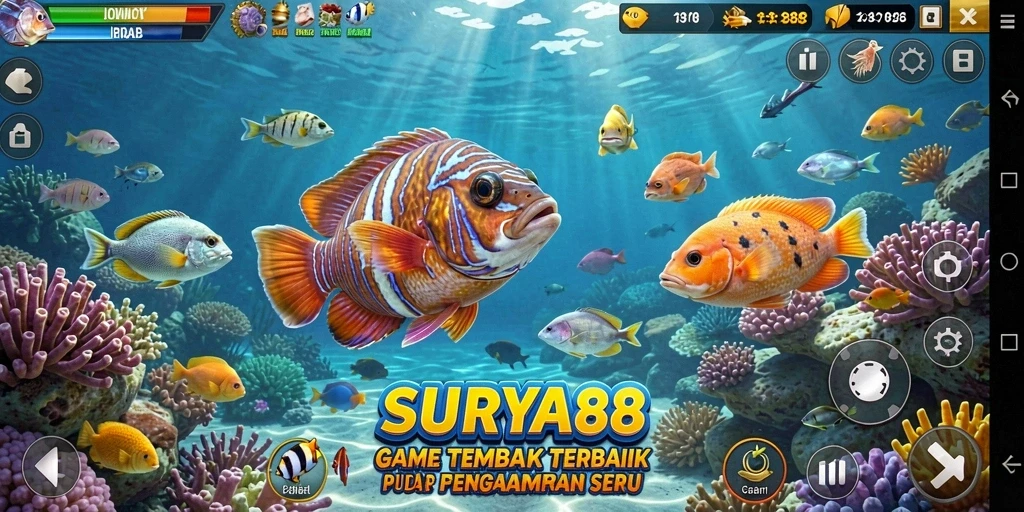 Tampilan gameplay seru dalam SURYA88 saat menangkap ikan.